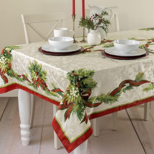  Benson Mills Christmas Ribbons Engineered Printed Fabric Tablecloth, 60-Inch-by-120 Inch