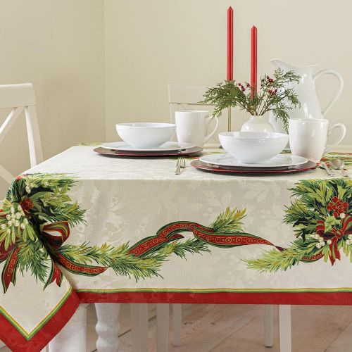  Benson Mills Christmas Ribbons Engineered Printed Fabric Tablecloth, 60-Inch-by-120 Inch