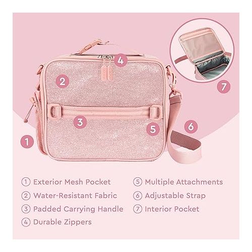  Bentgo® Kids Lunch Bag - Glitter Designed Insulated Lunch Bag for Kids 3+; Holds Lunch Box, Water Bottle & Snacks; Easy to Clean, Water Resistant, & Zip Pockets (Glitter Edition - Petal Pink)