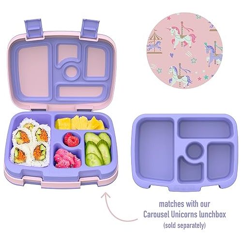  Bentgo® Kids Prints Tray with Transparent Cover - Reusable, BPA-Free, 5-Compartment Meal Prep Container with Built-In Portion Control for Healthy Meals At Home & On the Go (Carousel Unicorns)