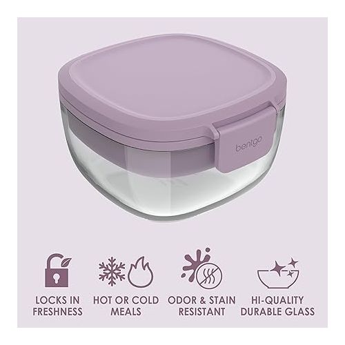  Bentgo® Glass All-in-One Salad Container - Large 61-oz Salad Bowl with Lid, 4-Compartment Bento-Style Tray, 3-oz Sauce Container, and Reusable Fork - Dishwasher, Microwave, and Oven Safe (Lavender)