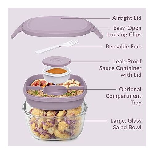  Bentgo® Glass All-in-One Salad Container - Large 61-oz Salad Bowl with Lid, 4-Compartment Bento-Style Tray, 3-oz Sauce Container, and Reusable Fork - Dishwasher, Microwave, and Oven Safe (Lavender)