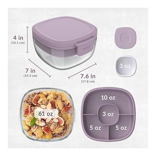  Bentgo® Glass All-in-One Salad Container - Large 61-oz Salad Bowl with Lid, 4-Compartment Bento-Style Tray, 3-oz Sauce Container, and Reusable Fork - Dishwasher, Microwave, and Oven Safe (Lavender)