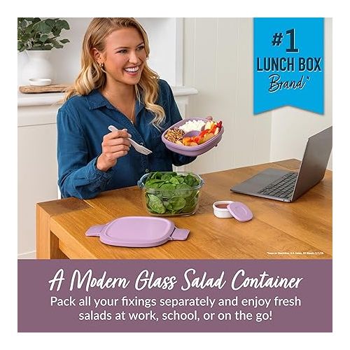  Bentgo® Glass All-in-One Salad Container - Large 61-oz Salad Bowl with Lid, 4-Compartment Bento-Style Tray, 3-oz Sauce Container, and Reusable Fork - Dishwasher, Microwave, and Oven Safe (Lavender)