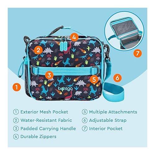 Bentgo® Kids Lunch Bag - Durable, Double-Insulated Lunch Bag for Kids 3+; Holds Lunch Box, Water Bottle, & Snacks; Easy-Clean Water-Resistant Fabric & Multiple Zippered Pockets (Dinosaur)