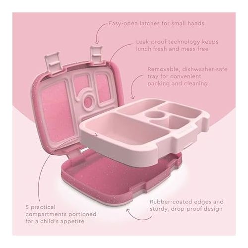 Bentgo® Kids 5-Compartment Lunch Box - Glitter Design for School, Ideal for Ages 3-7, Leak-Proof, Drop-Proof, Dishwasher Safe, & Made with BPA-Free Materials (Glitter Edition - Petal Pink)