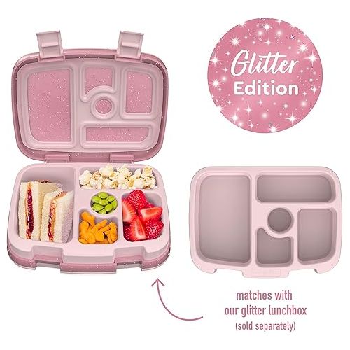  Bentgo® Kids Tray with Transparent Cover - Reusable, BPA-Free, 5-Compartment Meal Prep Container with Built-In Portion Control for Healthy Meals At Home & On the Go (Glitter Edition - Petal Pink)