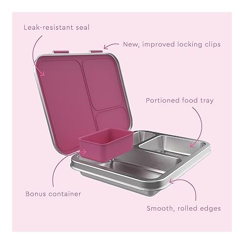  Bentgo® Kids Stainless Steel Leak-Resistant Lunch Box - Bento-Style Redesigned in 2022 w/Upgraded Latches, 3 Compartments & Extra Container - Eco-Friendly, Dishwasher Safe, Patented Design (Fuchsia)