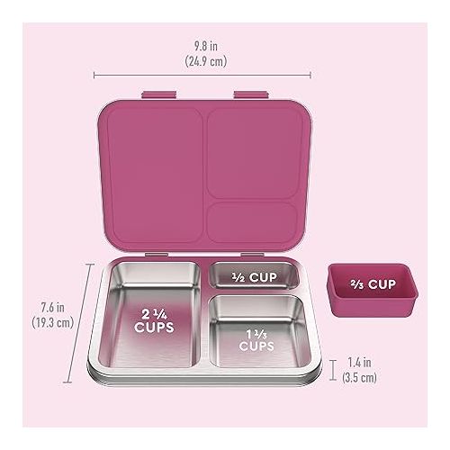  Bentgo® Kids Stainless Steel Leak-Resistant Lunch Box - Bento-Style Redesigned in 2022 w/Upgraded Latches, 3 Compartments & Extra Container - Eco-Friendly, Dishwasher Safe, Patented Design (Fuchsia)