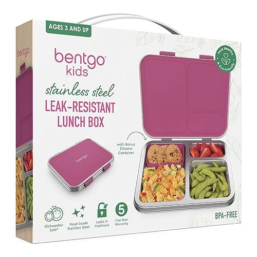  Bentgo® Kids Stainless Steel Leak-Resistant Lunch Box - Bento-Style Redesigned in 2022 w/Upgraded Latches, 3 Compartments & Extra Container - Eco-Friendly, Dishwasher Safe, Patented Design (Fuchsia)