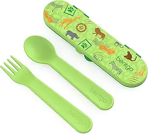 Bentgo® Kids Utensil Set - Reusable Plastic Fork, Spoon & Storage Case - BPA-Free Materials, Easy-Grip Handles, Dishwasher Safe - Ideal for School Lunch, Travel, & Outdoors (Safari)