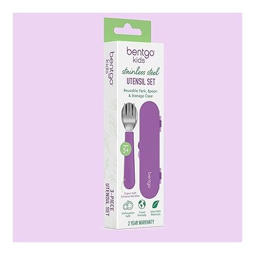  Bentgo® Kids Stainless Steel Utensil Set - Reusable Fork, Spoon & Storage Case - High-Grade BPA-Free Stainless Steel, Easy-Grip Handles, Dishwasher Safe for School Lunch, Travel & Outdoors (Purple)