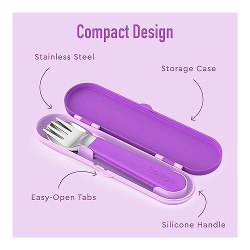  Bentgo® Kids Stainless Steel Utensil Set - Reusable Fork, Spoon & Storage Case - High-Grade BPA-Free Stainless Steel, Easy-Grip Handles, Dishwasher Safe for School Lunch, Travel & Outdoors (Purple)