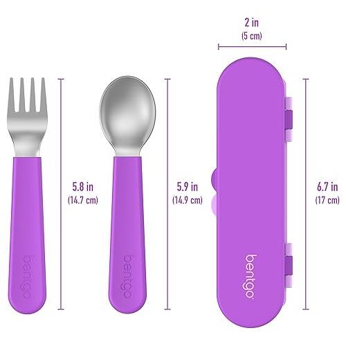  Bentgo® Kids Stainless Steel Utensil Set - Reusable Fork, Spoon & Storage Case - High-Grade BPA-Free Stainless Steel, Easy-Grip Handles, Dishwasher Safe for School Lunch, Travel & Outdoors (Purple)