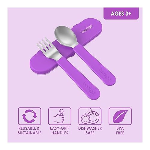  Bentgo® Kids Stainless Steel Utensil Set - Reusable Fork, Spoon & Storage Case - High-Grade BPA-Free Stainless Steel, Easy-Grip Handles, Dishwasher Safe for School Lunch, Travel & Outdoors (Purple)