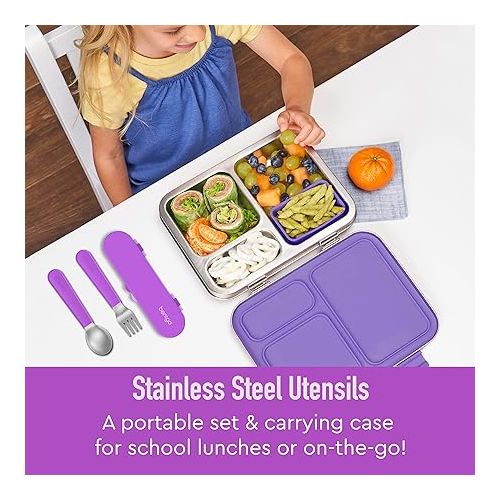  Bentgo® Kids Stainless Steel Utensil Set - Reusable Fork, Spoon & Storage Case - High-Grade BPA-Free Stainless Steel, Easy-Grip Handles, Dishwasher Safe for School Lunch, Travel & Outdoors (Purple)