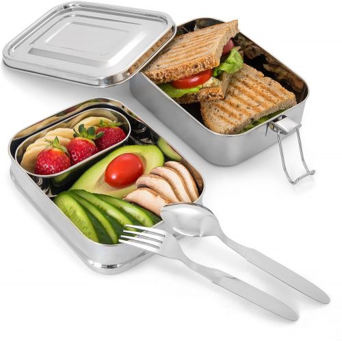  [아마존베스트]BentoChoice Stainless Steel Bento Lunch Box. 3-In-1 Ecofriendly Durable Lunchbox Perfect for Kids and Adults. Holds more than 6 Cups of Food. Leak-Proof Compartment. Stainless Steel Cutlery In
