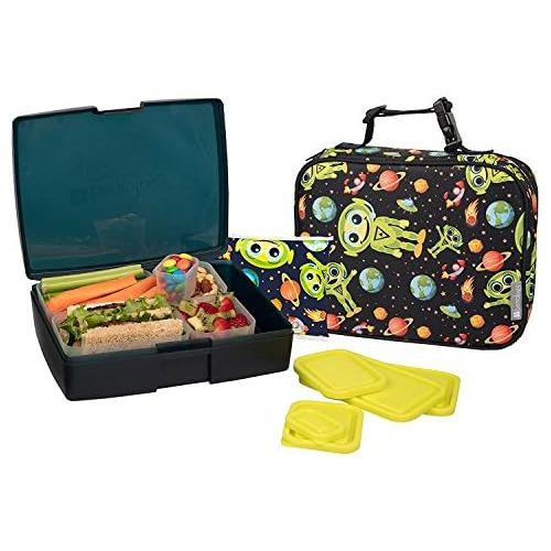  [아마존베스트]Bentology Lunch Bag and Box Set for Boys - Includes Insulated Durable Sleeve with Handle, Bento Box, 5 Containers and Ice Pack - BPA & PVC Free - Alien