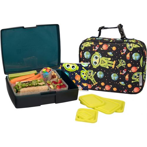  [아마존베스트]Bentology Lunch Bag and Box Set for Boys - Includes Insulated Durable Sleeve with Handle, Bento Box, 5 Containers and Ice Pack - BPA & PVC Free - Alien