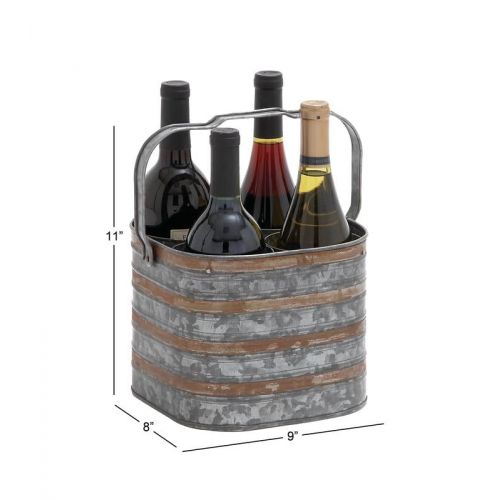  Benzara Rustic decor metal galvanize four bottle holder