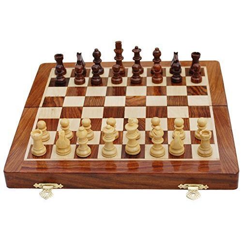  Benzara BM174943 Handmade Magnetic Rosewood Folding Board Chess Set with Storage for Chessmen, Brown