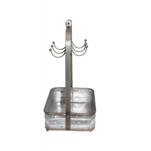  Benzara BM177866 Rustic Galvanized Metal Crockery Holder with Cup Hooks, Gray