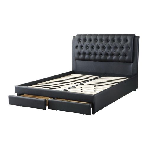  Benzara BM168633 Mesmerizing Wooden Queen Bed with Tufted PU Head Board, Black