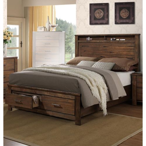  Benzara BM168618 Enchanting Wooden Queen Bed with Display and Storage Drawers Brown