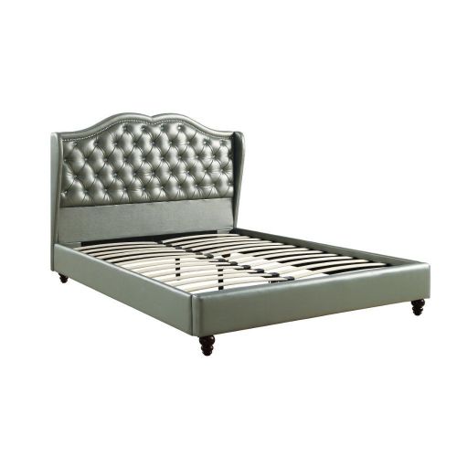  Benzara BM168650 Opulent Queen Wooden Bed with Pu Tufted Headboard Silver