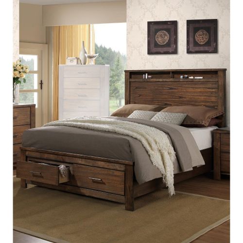  Benzara BM168447 Enchanting Wooden California King Bed with Display and Storage Drawers Brown