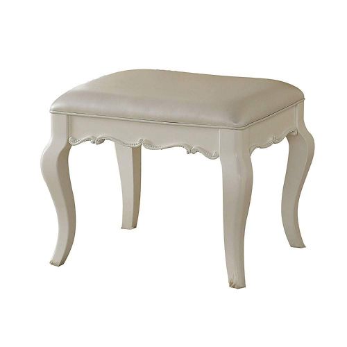  Benzara BM185705 Wooden Vanity Stool with Padded Leatherette Seat, White