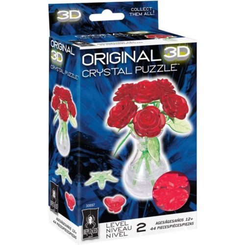  [아마존베스트]Bepuzzled Original 3D Crystal Jigsaw Puzzle - Red Roses in Vase DIY Assembly Brain Teaser, Fun Model Toy Gift Flower Decoration for Adults & Kids Age 12 and Up, 44 Pieces (Level 2)