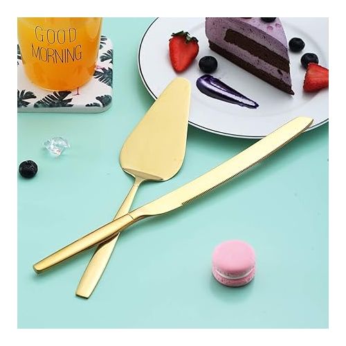  Berglander Gold Cake Pie Pastry Servers,Stainless Steel Serving Set,Cake Knife and Server Set Perfect For Wedding, Birthday, Parties and Events