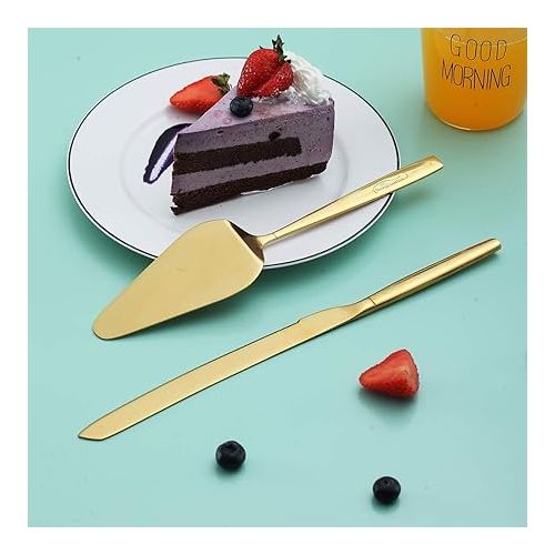  Berglander Gold Cake Pie Pastry Servers,Stainless Steel Serving Set,Cake Knife and Server Set Perfect For Wedding, Birthday, Parties and Events