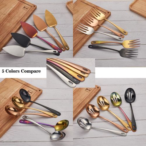  Berglander Edelstahl Golden Titan Plated Besteck Servier Set 4 Stueck, Kuchen Server Cold Meat Gabel durchbohrt Servierloeffel Servierloeffel, goldenes Besteck Set (glaenzend, Golden)