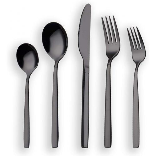  [아마존 핫딜] [아마존핫딜]Berglander 20 Piece Titanium Black Plated Stainless Steel Flatware Set, 20 Pieces Black Silverware Set, Black Cutlery Set, Service for 4 (shiny Black)