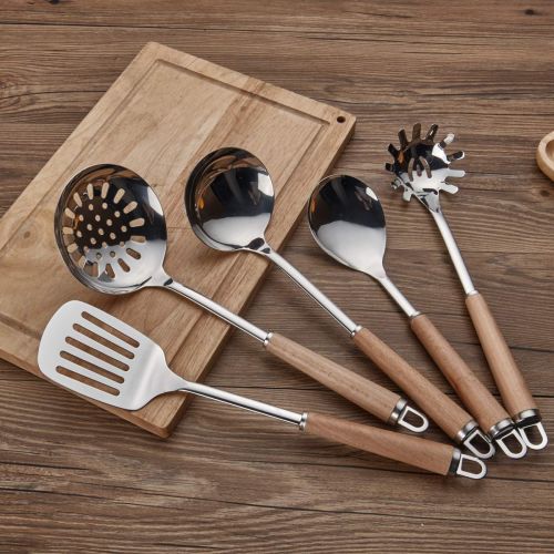  [아마존 핫딜]  [아마존핫딜]Berglander Edelstahl Holzgriff Kuechengerat Set, Schoepfkelle, Loeffel, Skimmer, Schneebesen, Slotted Turner, Pasta Server 6 Stueck.