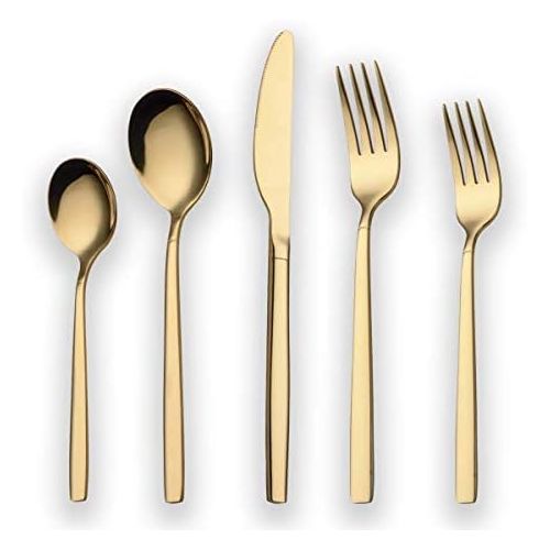  [아마존베스트]Berglander 20 Piece Titanium Gold Plated Stainless Steel Flatware Set, 20 Pieces Golden Silverware Set, Golden Cutlery Set, Service for 4 (shiny Gold)