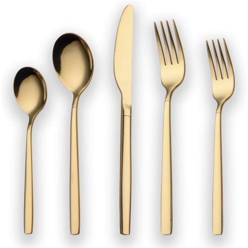  [아마존베스트]Berglander 20 Piece Titanium Gold Plated Stainless Steel Flatware Set, 20 Pieces Golden Silverware Set, Golden Cutlery Set, Service for 4 (shiny Gold)