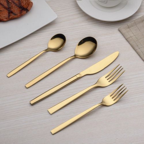  [아마존베스트]Berglander 20 Piece Titanium Gold Plated Stainless Steel Flatware Set, 20 Pieces Golden Silverware Set, Golden Cutlery Set, Service for 4 (shiny Gold)