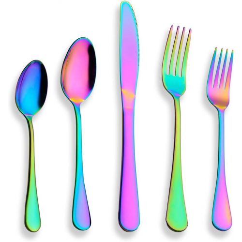  [아마존베스트]Berglander Flatware Set 20 Piece, Stainless Steel With Titanium Colorful Plated, Multicolor Flatware Set, Silverware, Rainbow Color Cutlery Set Service For 4