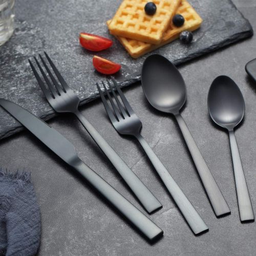  [아마존베스트]Matte Black Silverware Set, Berglander Satin Black Flatware Set, Stainless Steel With Titianium Plating, Brushed Black Cutlery Set, Service For 4 ( Matte Black)