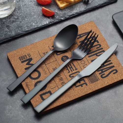  [아마존베스트]Matte Black Silverware Set, Berglander Satin Black Flatware Set, Stainless Steel With Titianium Plating, Brushed Black Cutlery Set, Service For 4 ( Matte Black)