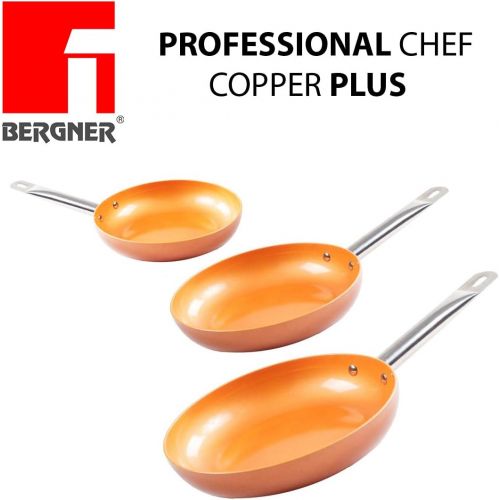  Bergner Original Chef Copper PlusSet mit 3super robusten Kupferpfannen. Durchmesser 20 cm /24 cm / 28 cminnovative Antihaftbeschichtung ohne PFOA Boden geeignet fuer Induktionsh
