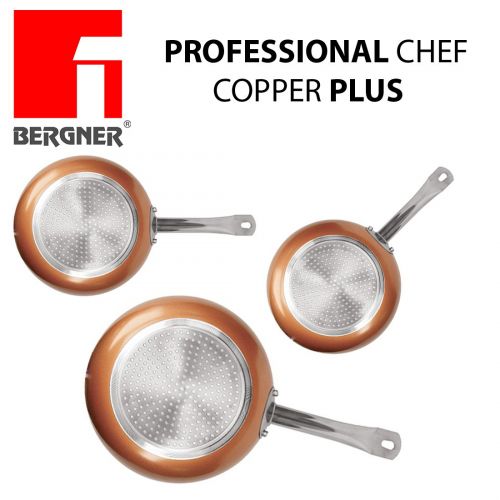  Bergner Professional Chef Copper Plus -Set aus 3 Bratpfannen Super bestandige Kupferschicht PFOA-frei 18/22/26 cm Kann bis zu 200 Grad in den Ofen gestellt werden - Geeignet fuer Induktions