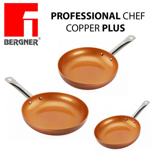  Bergner Professional Chef Copper Plus -Set aus 3 Bratpfannen Super bestandige Kupferschicht PFOA-frei 18/22/26 cm Kann bis zu 200 Grad in den Ofen gestellt werden - Geeignet fuer Induktions