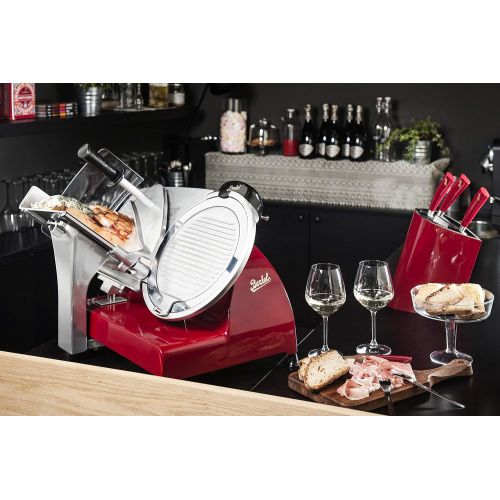  Berkel Red Line 300 Food Slicer/Red/12 Blade/Electric Food Slicer/Slices Prosciutto, Meat, Cold Cuts, Fish, Ham, Cheese, Bread, Fruit and Veggies/Adjustable Thickness Dial