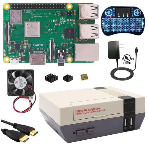  Berryku Raspberry Pi NESPi Media Center Plus Kit - NESPi Case+, Raspberry Pi 3 B+ (B Plus), Power Supply, Backlit Keyboard