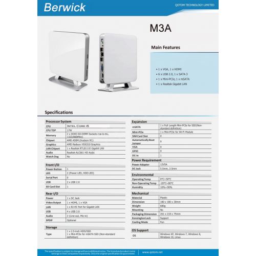  Berwick M3A Mini PC Mini Desktop Computer Ultra Compact PC Intel Core i5 802.11AC WiFi Gigabit LAN HDMI VGA 120G SSD+4G DDR3 Ubuntu16.04