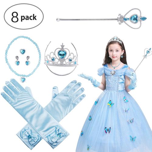  Besmon Princess Dress Up Accessories Gift Set Crown Scepter Necklace Earrings Gloves, Blue, 8 Pieces